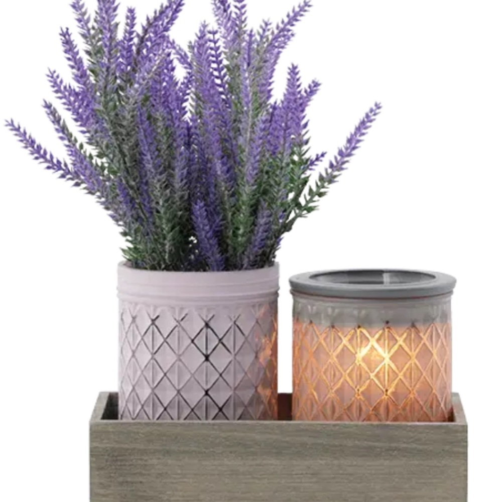 Lavender Arrangement with Candle in Wooden Tray